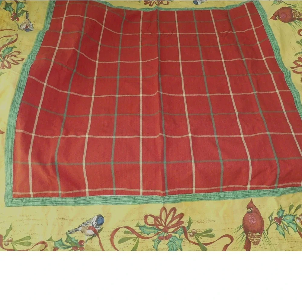 Christmas Cardinal Chickadee Plaid Tablecloth Square Red Yellow Holiday Festive